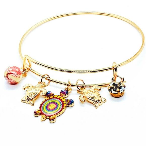 Beaded Sea Turtle Charm Colorful Bangle Bracelet - Picture 4 of 5